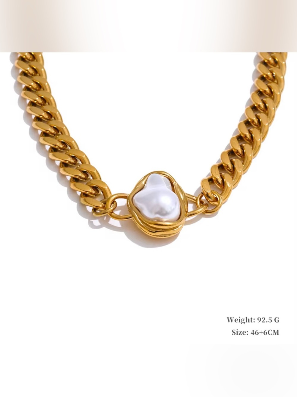 Gold Chain Necklace with White Baroque Pearl Accent